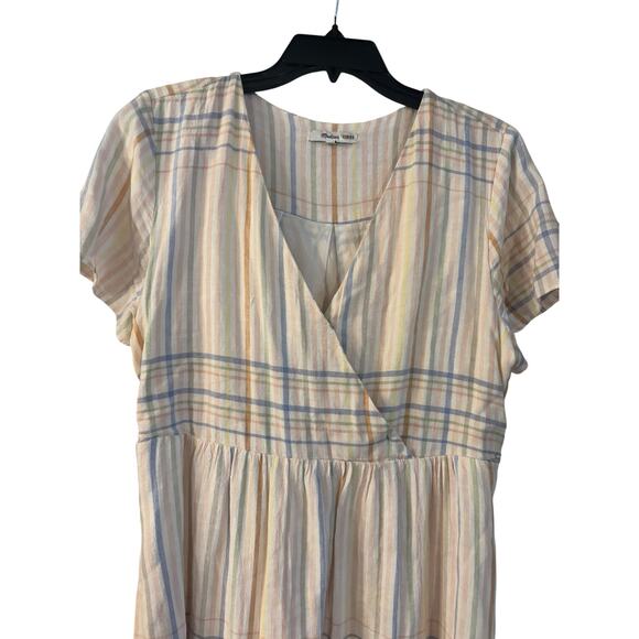 Madewell Linen Blend Clara Midi Dress Plaid Size Medium Muted Blush Pockets - Picture 3 of 8